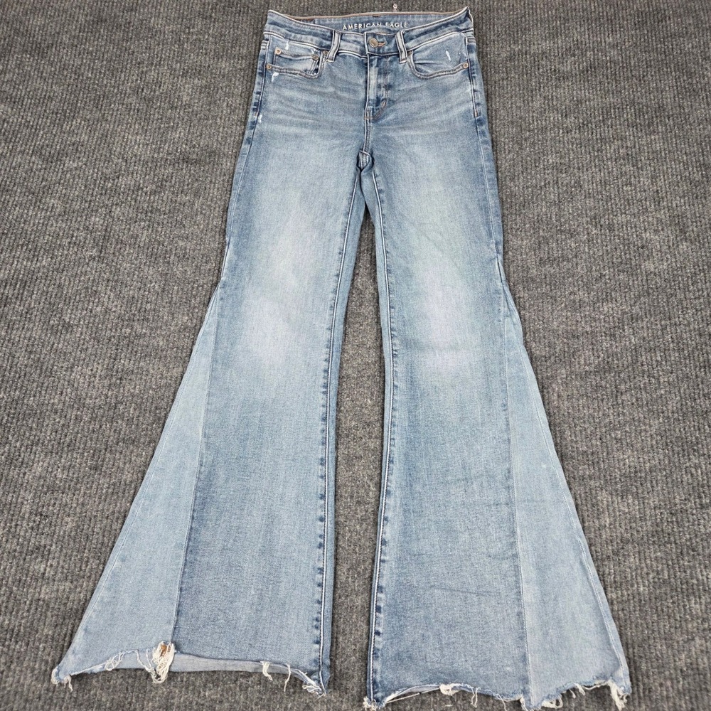 American Eagle Festival Flare Jeans Blue Paneled Raw Hem Ne(x)t Level Stretch 4